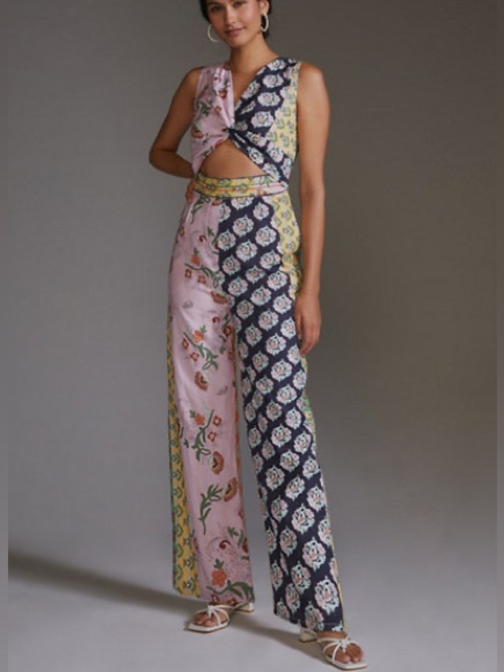 Anthropology Llani Floral Patchwork Cutout Jumpsuit in Pink, Navy & Yellow Sz M - Picture 1 of 9